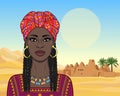 Animation portrait of the beautiful black woman in a red turban and Afro braids. Royalty Free Stock Photo