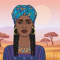 Animation portrait of the beautiful black woman in a turban and Afro braids. Royalty Free Stock Photo