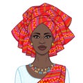 Animation portrait of the beautiful  black woman in a turban and ethnic jewelry. Royalty Free Stock Photo