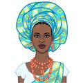 Animation portrait of the beautiful  black woman in a turban and ethnic jewelry. Royalty Free Stock Photo