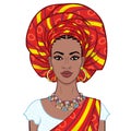 Animation portrait of the beautiful  black woman in a turban and ethnic jewelry. Royalty Free Stock Photo