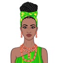 Animation portrait of the beautiful  black woman in a turban and ethnic jewelry. Royalty Free Stock Photo