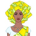 Animation portrait of the beautiful  black woman in a turban and ethnic jewelry. Royalty Free Stock Photo