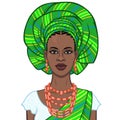 Animation portrait of the beautiful  black woman in a turban and ethnic jewelry. Royalty Free Stock Photo