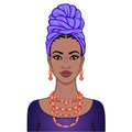 Animation portrait of the beautiful  black woman in a turban and ethnic jewelry. Royalty Free Stock Photo