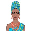 Animation portrait of the beautiful  black woman in a turban and ethnic jewelry. Royalty Free Stock Photo