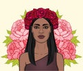 Animation portrait of the beautiful black woman in a wreath of red roses. Royalty Free Stock Photo