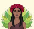 Animation portrait of the beautiful black woman in a wreath of red roses. Royalty Free Stock Photo