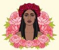 Animation portrait of the beautiful black woman in a wreath of red roses. Royalty Free Stock Photo