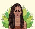 Animation portrait of the beautiful black woman, wreath of tropical leaves.