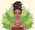 Animation portrait of the beautiful black woman, wreath of tropical leaves.