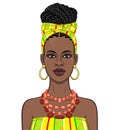Animation portrait of the beautiful  black woman in a yellow turban and ethnic jewelry. Royalty Free Stock Photo