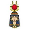 Animation portrait of beautiful Egyptian woman in ancient hairstyle, with horns and a of disk on her head. Goddess Isis. Royalty Free Stock Photo