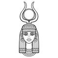 Animation portrait of beautiful Egyptian woman in ancient hairstyle, with horns and a disk of sun on the head. Goddess Isis. Royalty Free Stock Photo
