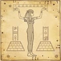 Animation portrait: beautiful Egyptian woman holds symbolical star sky.