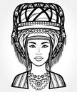 Animation portrait of a beautiful girl in ancient national turban. Married woman `s headdress.