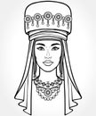 Animation portrait of a beautiful girl in ancient national turban. Married woman `s headdress.