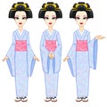 Animation portrait the beautiful Japanese girl in three different poses. Geisha, Maiko, Princess. Full growth. Royalty Free Stock Photo