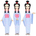 Animation portrait the beautiful Japanese girl in three different poses. Geisha, Maiko, Princess. Full growth.