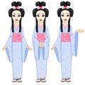 Animation portrait the beautiful Japanese girl in three different poses. Geisha, Maiko, Princess. Full growth. Royalty Free Stock Photo