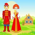 Animation portrait of beautiful Russian family in traditional clothes. Fairy tale character. Royalty Free Stock Photo