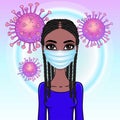 Animation portrait of black woman in white medical face mask.