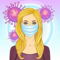 Animation portrait of a blonde woman in white medical face mask.