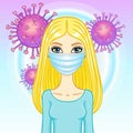 Animation portrait of a blonde woman in white medical face mask.