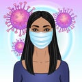 Animation portrait of brunette woman in white medical face mask.