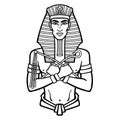 Animation portrait Egyptian man with crossed hands holds symbols of power.