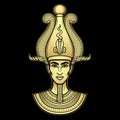 Animation portrait Egyptian man n the crown. God Osiris. Gold imitation.