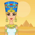 Animation portrait of the Egyptian queen. A background - a landscape the desert, pyramids. The place for the text.