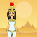 Animation portrait of the Egyptian queen. A background - a landscape the desert, pyramids. The place for the text.