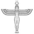 Animation portrait: Egyptian winged goddess Isis with horns and a disk of sun on the head. Full growth.