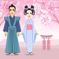 Animation portrait of Japanese family in ancient clotes. Geisha, Maiko, Samurai. Full growth. Royalty Free Stock Photo