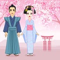 Animation portrait of Japanese family in ancient clotes. Geisha, Maiko, Samurai. Full growth.