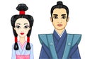 Animation portrait of Japanese family in ancient clotes. Geisha, Maiko, Samurai. Royalty Free Stock Photo