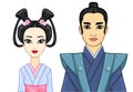 Animation portrait of Japanese family in ancient clotes. Geisha, Maiko, Samurai. Royalty Free Stock Photo