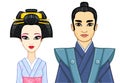 Animation portrait of Japanese family in ancient clotes. Geisha, Maiko, Samurai.