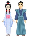 Animation portrait of the Japanese family in ancient clothes. Geisha, Maiko, Princess, Samurai. Royalty Free Stock Photo