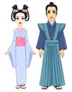 Animation portrait of the Japanese family in ancient clothes. Geisha, Maiko, Princess, Samurai. Royalty Free Stock Photo