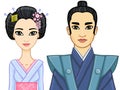 Animation portrait of a Japanese family. Geisha and Samurai. Royalty Free Stock Photo