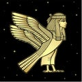 Animation portrait: mystical goddess of ancient Egypt with head of a woman and body of a falcon.
