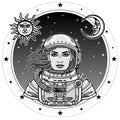 Animation portrait of the woman astronaut in a open space suit. Royalty Free Stock Photo