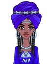 Animation portrait of a young African woman in a blue turban and ethnic jewelry.