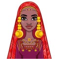 Animation portrait of a young African woman in a scarf and ancient ethnic jewelry.
