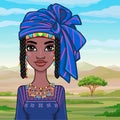 Animation portrait of a young African woman in a turban, ancient ethnic jewelry.