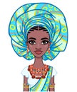 Animation portrait of a young African woman in a turban and ethnic jewelry. Royalty Free Stock Photo