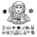 Animation portrait of the young attractive woman astronaut in a Open space suit. Set of icons.