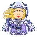 Animation portrait of the young attractive woman of the astronaut in a open space suit. Royalty Free Stock Photo